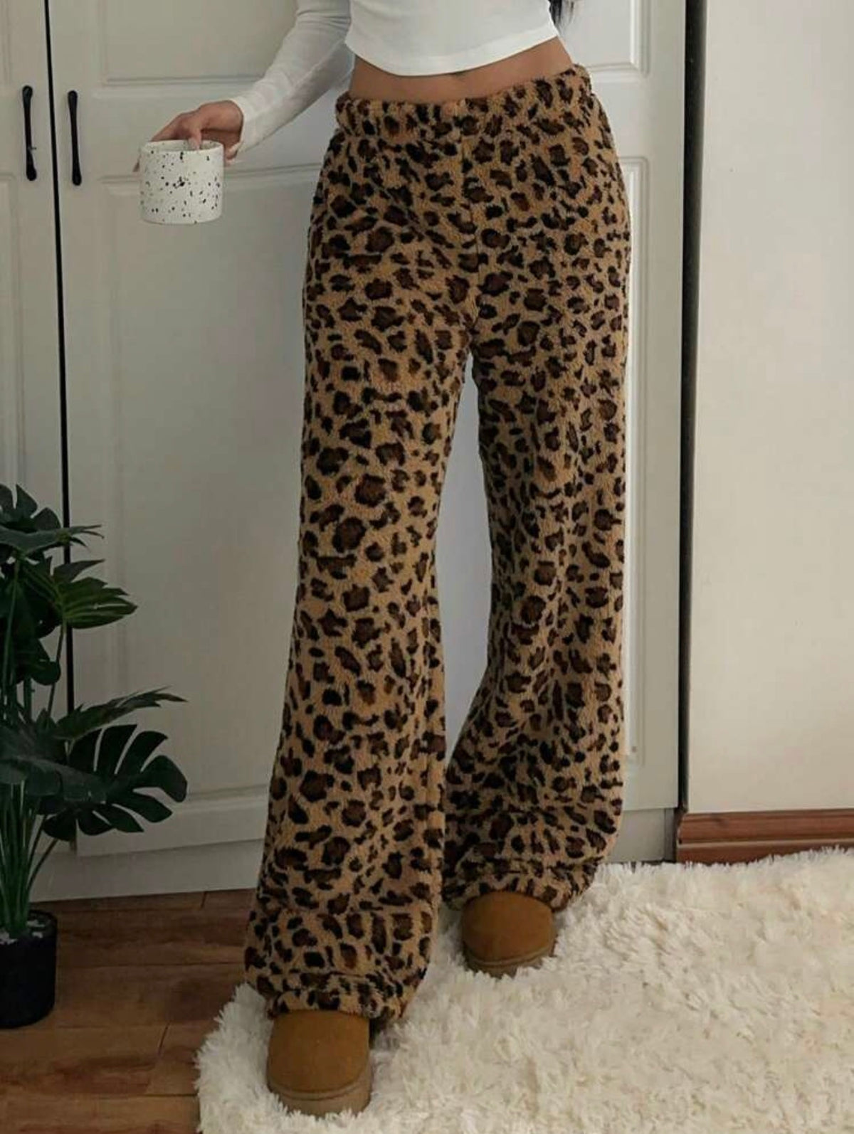 Leopard-print teddy pants.