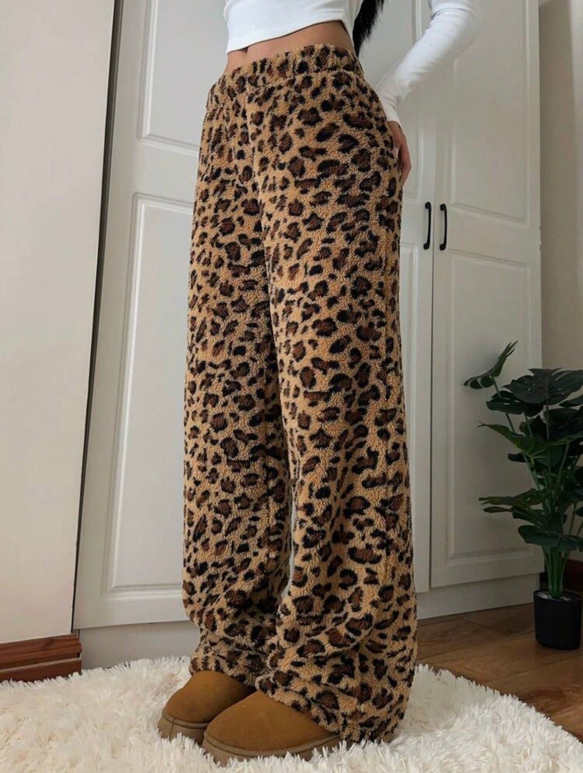 Leopard-print teddy pants.